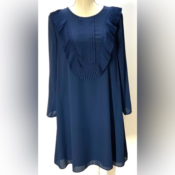 CeCe Navy Ruffle Pleated Bib Shift Dress - Picture 2 of 11